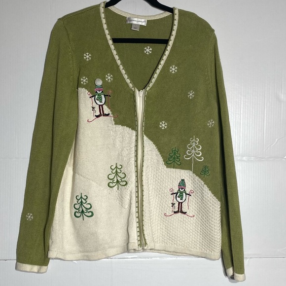 G-#33 Christopher and Banks sweater knit, green cream, off-white zip size large - Picture 1 of 5